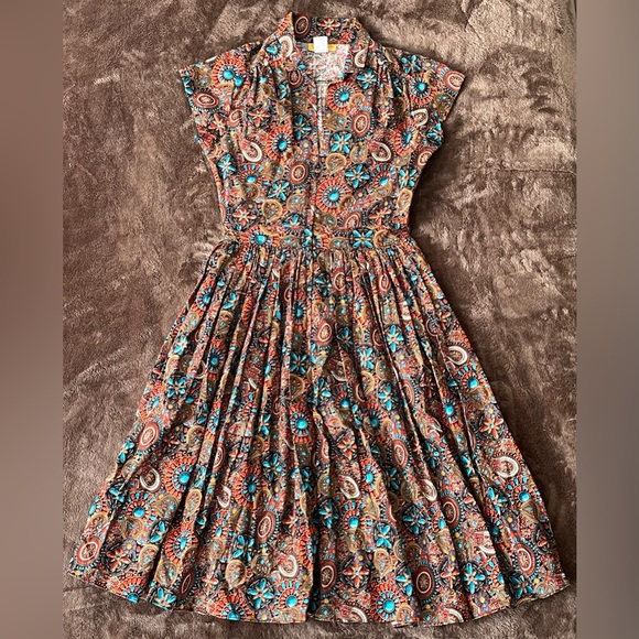 SOLD | Bernie Dexter Kelly Dress Heritage Print Pinup 50s Jewel Tone SMALL - Picture 4 of 13